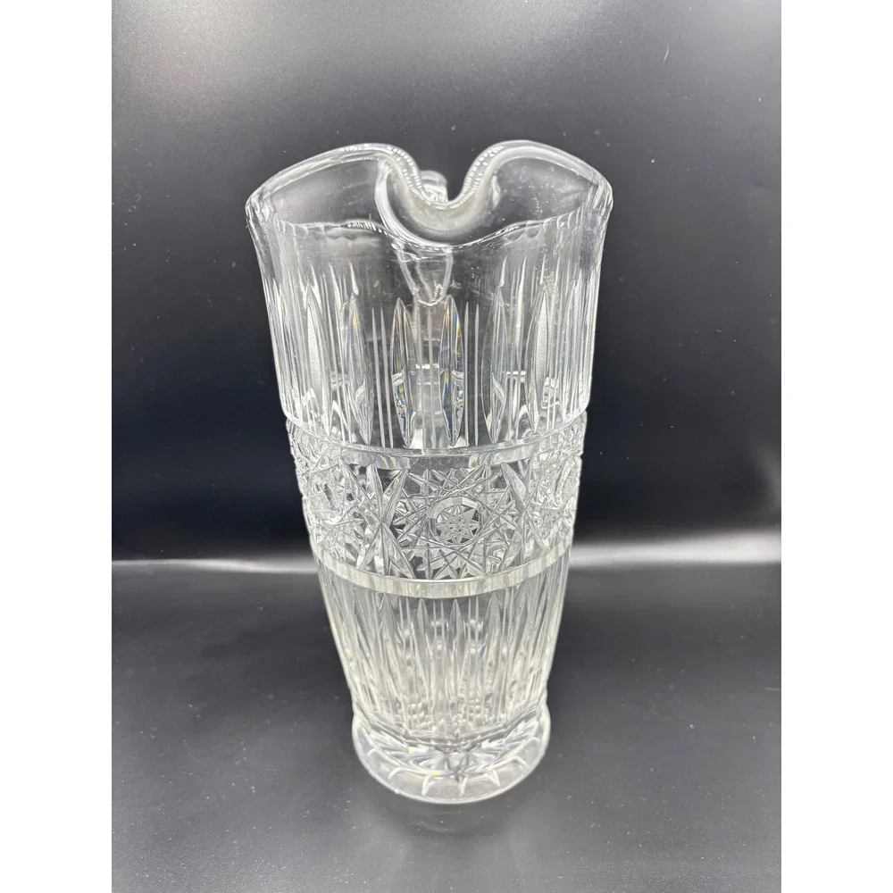 Vintage Cut Glass Water Pitcher Clear‎ Crystal Starburst Pattern 10 Inch Tall